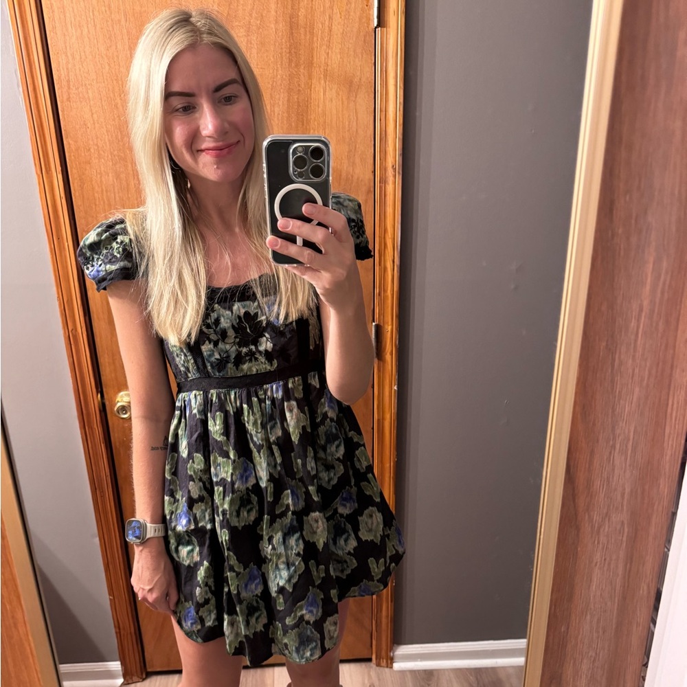 LoveShackFancy Floral Mini Dress - Black and Blue